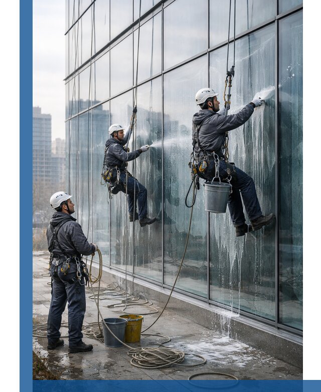 Промышленная мойка панорамных окон на высоте в Смоленске