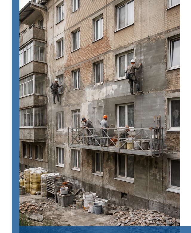 Капитальный ремонт фасада в Смоленске с восстановлением и гидроизоляцией