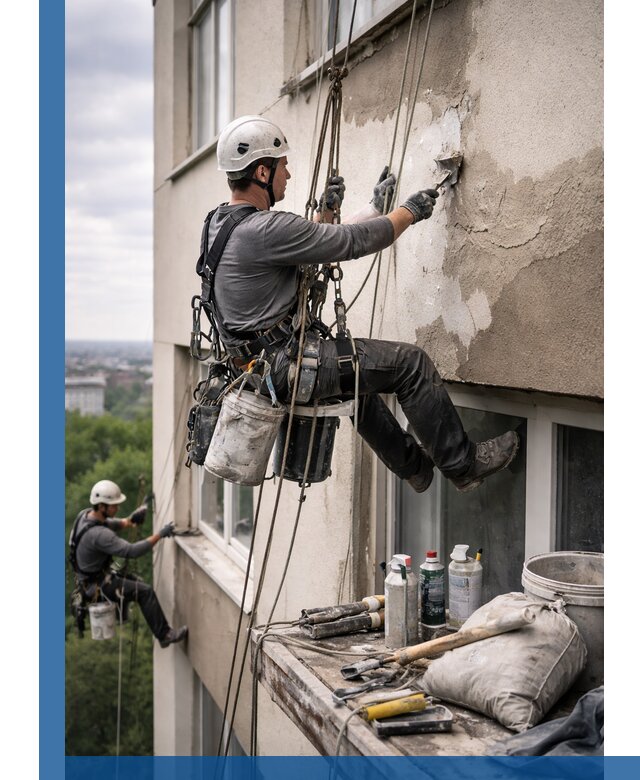 Косметический ремонт фасада зданий в Смоленске промышленными альпинистами