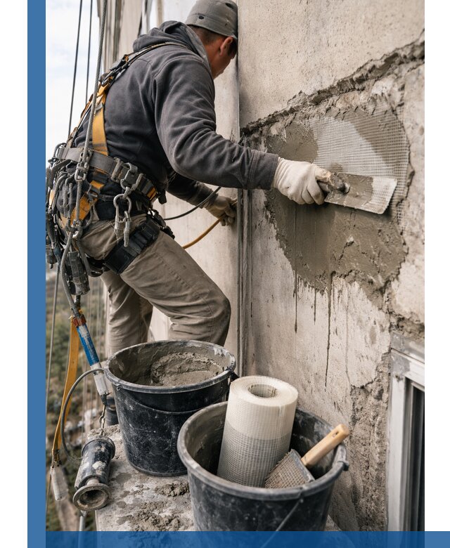 Ремонт бетонных элементов фасада промышленными альпинистами в Смоленске