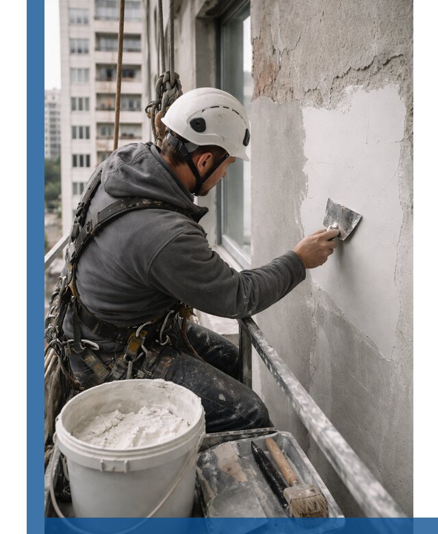 Шпаклевка фасадов на высоте с промальпинистами в Смоленске