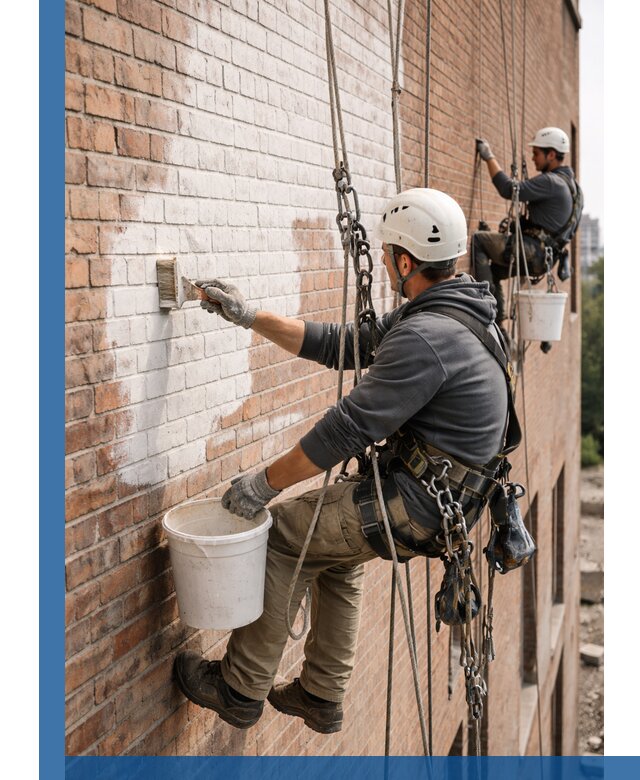 Покраска кирпичного фасада с доступным альпинистским сервисом в Смоленске