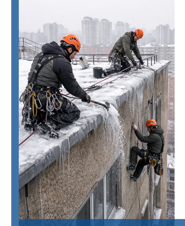 Удаление наледи с кровли в Смоленске промышленными альпинистами