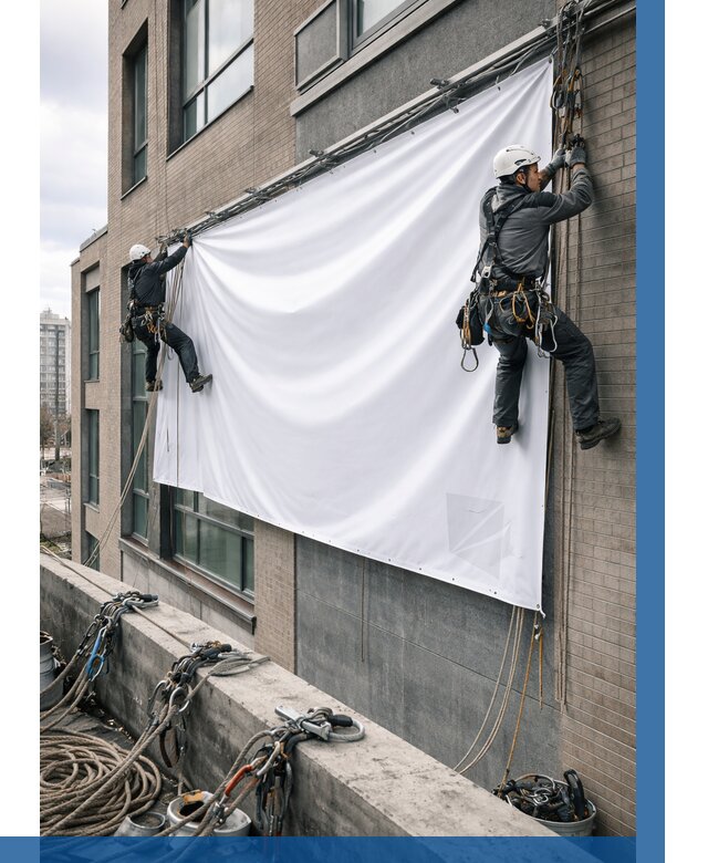 Монтаж баннеров на фасаде в Смоленске от 667 р. заказать ВЫСОТНИК-Смл