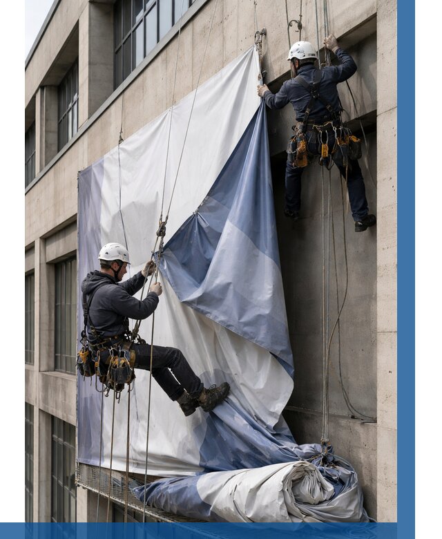Демонтаж баннеров с фасада в Смоленске от 4615 р. | ВЫСОТНИК-Смл