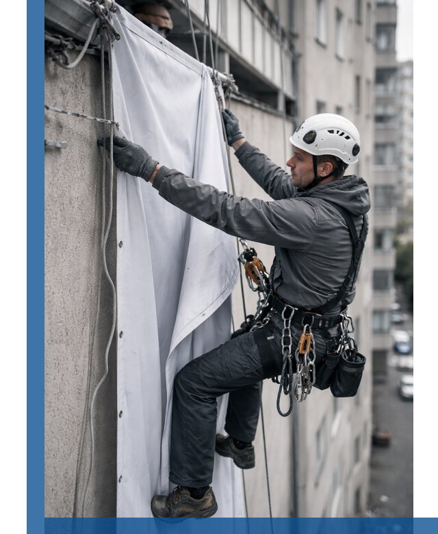 Замена баннерного полотна промышленными альпинистами в Смоленске