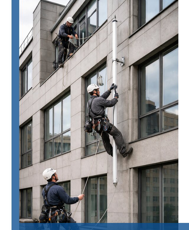 Монтаж флагштока на фасаде здания с креплением и герметикой в Смоленске