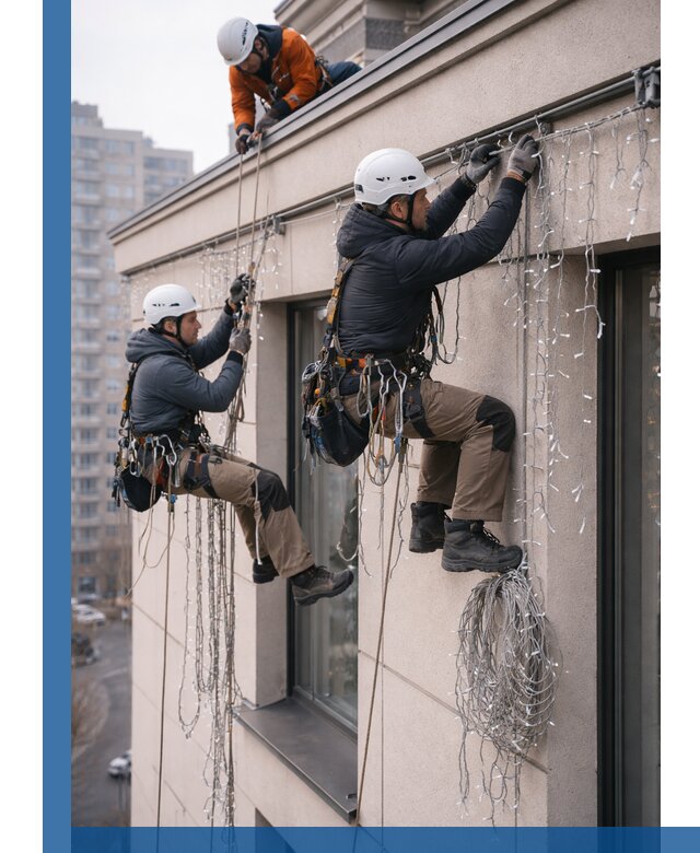 Монтаж праздничных гирлянд на фасаде в Смоленске для зданий