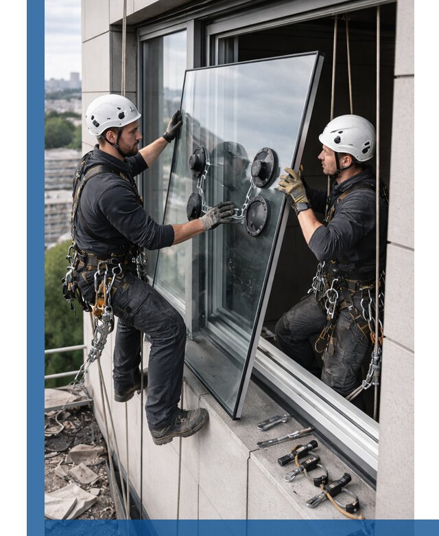 Замена стеклопакетов на высоте с промышленными альпинистами в Смоленске