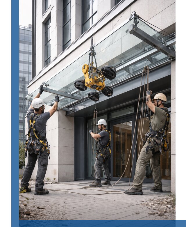 Монтаж стеклянных козырьков под ключ в Смоленске для зданий