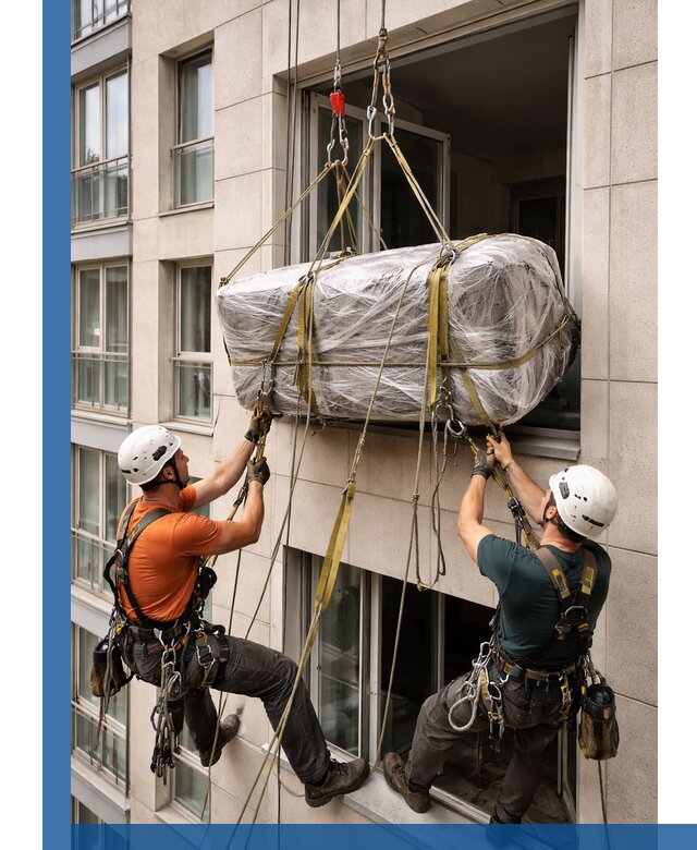 Подъем грузов через окно в Смоленске промышленными альпинистами