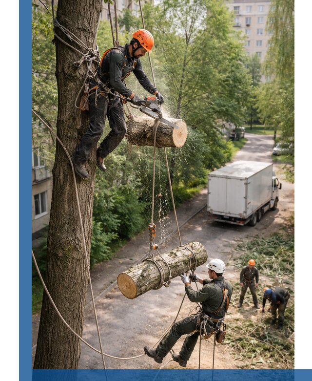 Спил деревьев альпинистами в Смоленске, безопасно и без повреждений